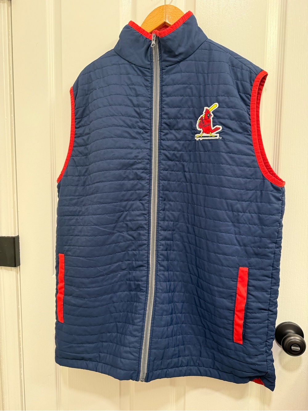 Men's Navy Quilted Vest with Red Trim and Embroidered Cardinal Patch